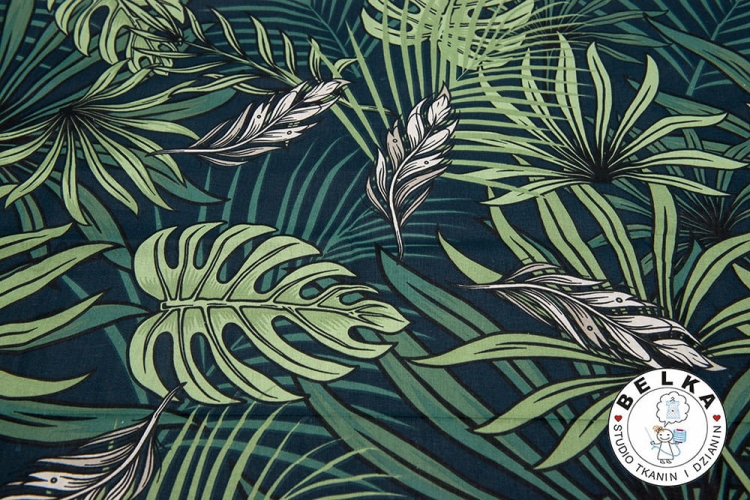 TKANINA BAWEŁNA MONSTERA ZIELONA NA GRANACIE-8142