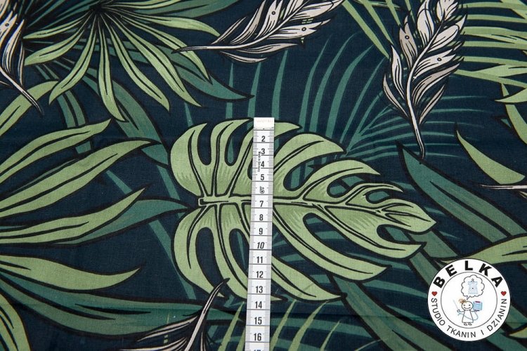 TKANINA BAWEŁNA MONSTERA ZIELONA NA GRANACIE-8143