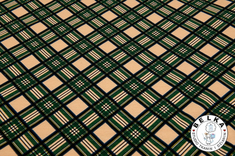 DZIANINA PĘTELKA KRATA ZIELONA NA BEŻU-8521