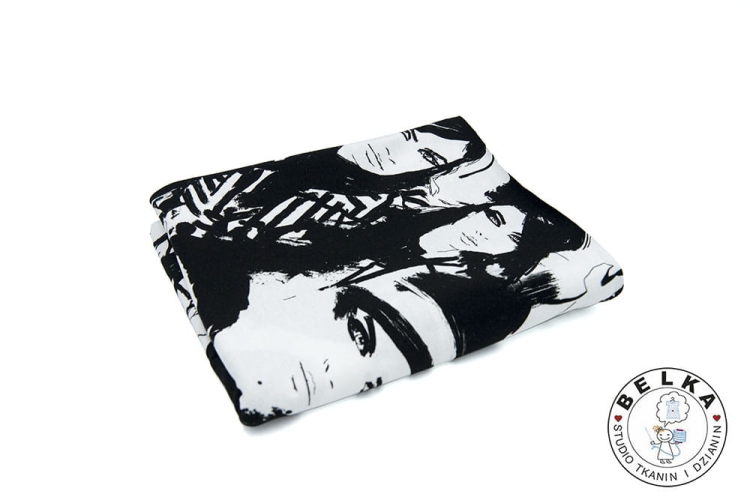 DZIANINA JERSEY CYFROWY TWARZE CZARNO BIAŁE-8788