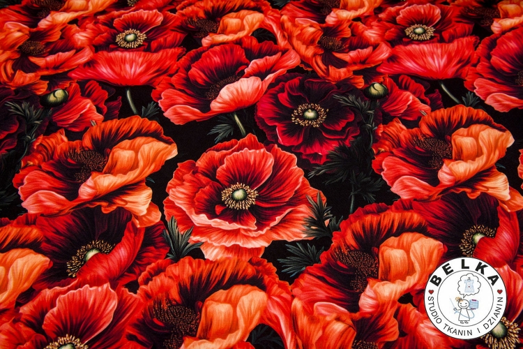 DZIANINA JERSEY CYFROWY KWITNĄCE MAKI NA CZARNYM-10617