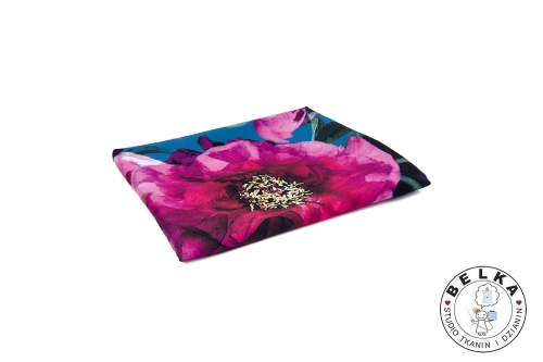 TKANINA SILK INDO TWILL KWIATY NA TURKUSIE-10626