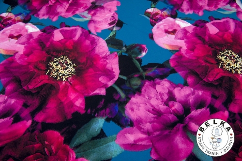 TKANINA SILK INDO TWILL KWIATY NA TURKUSIE-10624