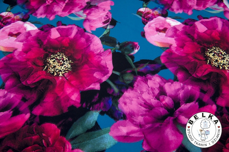 TKANINA SILK INDO TWILL KWIATY NA TURKUSIE-10624