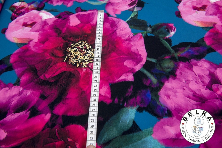 TKANINA SILK INDO TWILL KWIATY NA TURKUSIE-10625