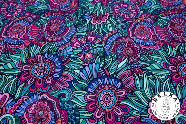 DZIANINA PĘTELKA CYFROWA OGRÓD FUKSJOWO TURKUSOWY-10642