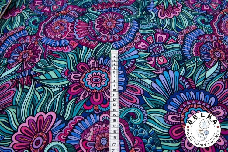 DZIANINA PĘTELKA CYFROWA OGRÓD FUKSJOWO TURKUSOWY-10643