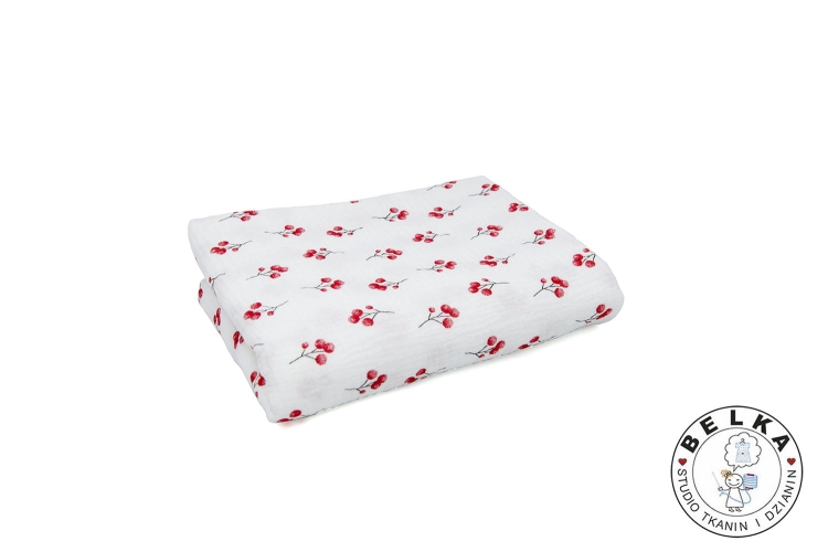 TKANINA DOUBLE GAUZE / MUŚLIN BIAŁY GAŁĄZKI OWOCOW-11310