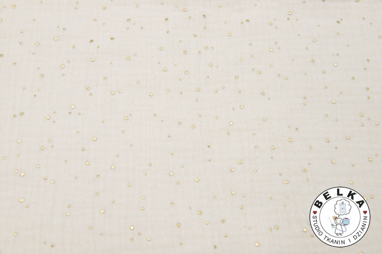 TKANINA DOUBLE GAUZE / MUŚLIN ECRU ZŁOTE KROPKI-11749