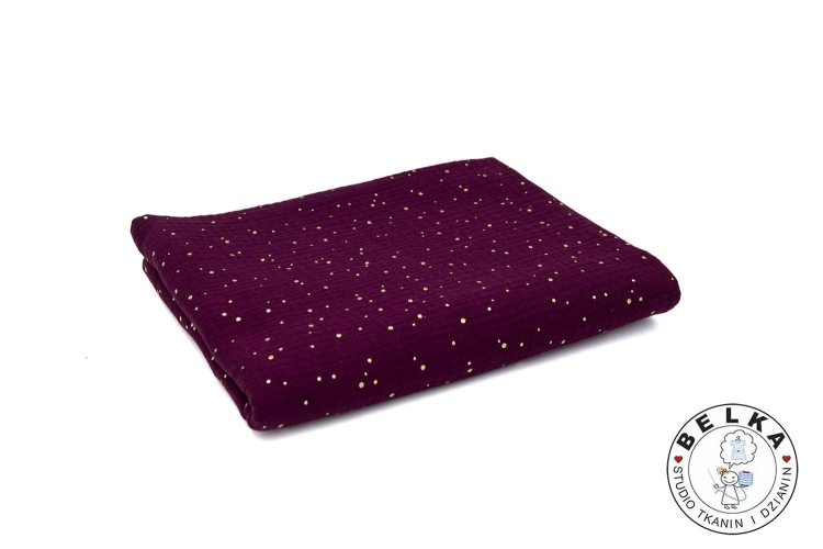 TKANINA DOUBLE GAUZE / MUŚLIN BORDOWY ZŁOTE KROPKI-11751