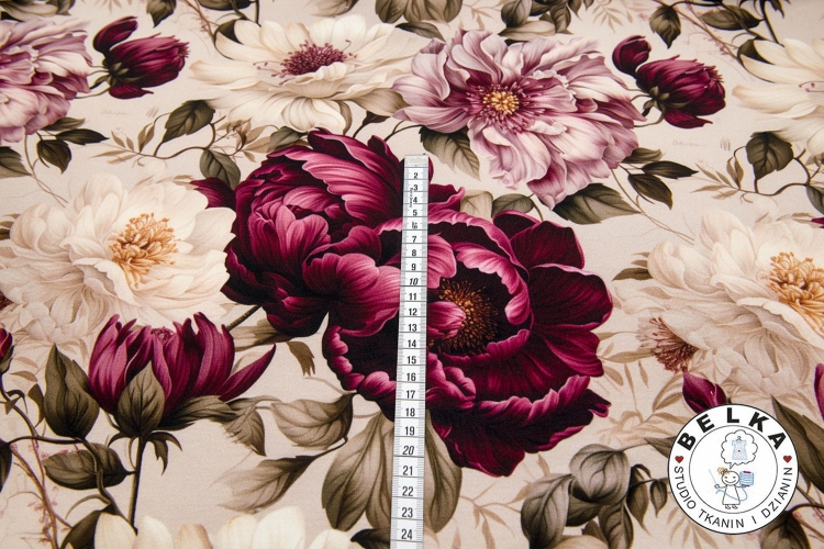 DZIANINA JERSEY CYFROWY PIWONIE BORDO-11965