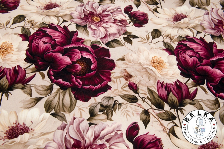 DZIANINA JERSEY CYFROWY PIWONIE BORDO-11966