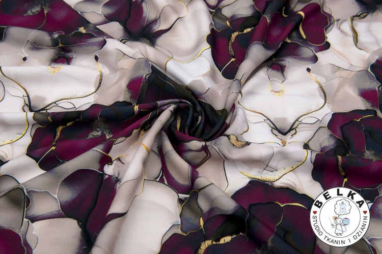 TKANINA SILK INDO TWILL KWIATY BURGUND-12047