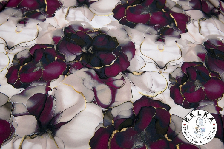 TKANINA SILK INDO TWILL KWIATY BURGUND-12045