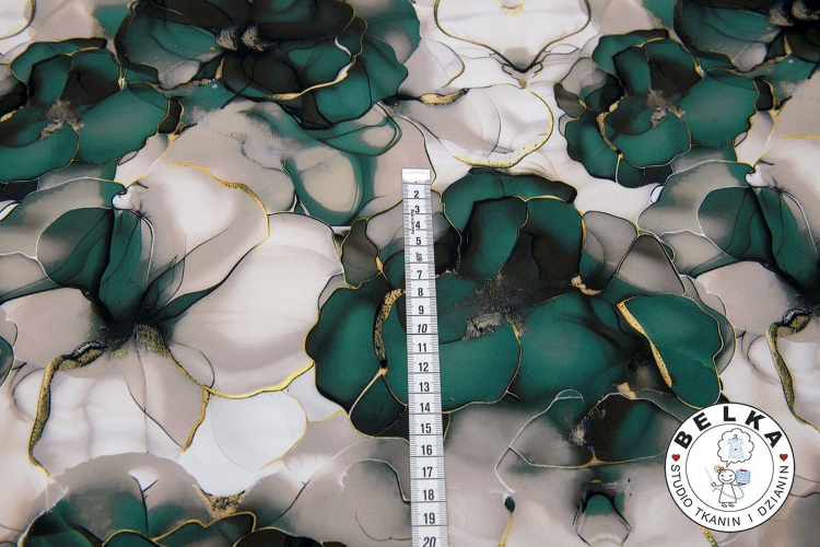 TKANINA SILK INDO TWILL KWIATY SZMARAGD-12049