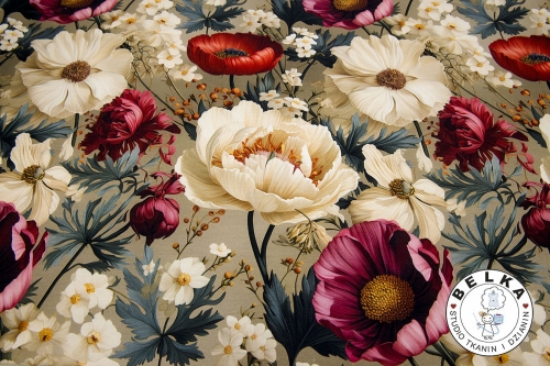 DZIANINA PĘTELKA CYFROWA KWIATY NA BEŻU-12081