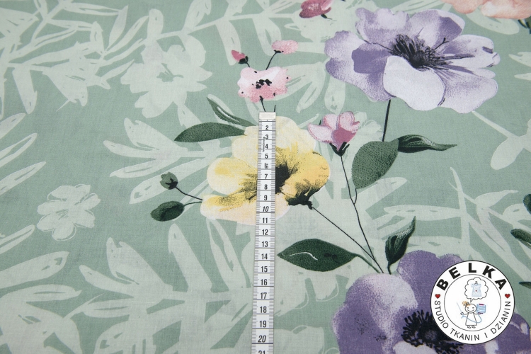 TKANINA BAWEŁNIANA PASTELOWE KWIATY NA MIĘCIE-14763