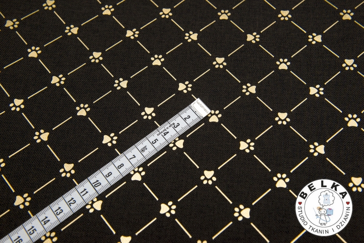 TKANINA WODOODPORNA OX WZÓR LEN BRĄZ ŁAPKI ZŁOTO-15265