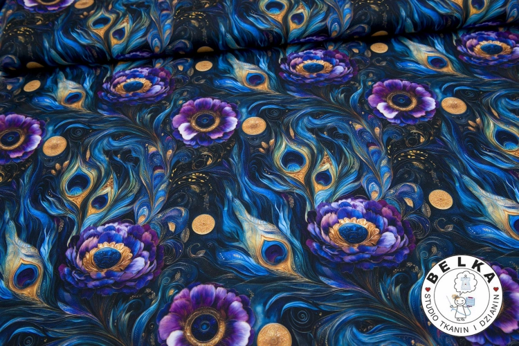 TKANINA WODOODPORNA PAWIE PIÓRA KWIATY FIOLET-15365