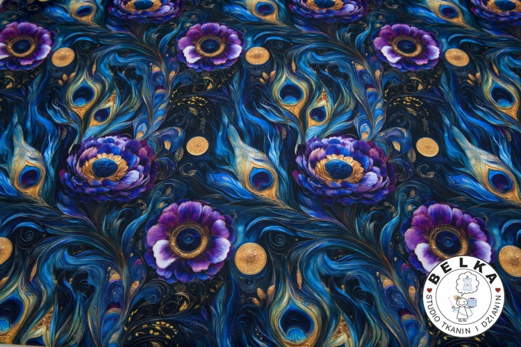 TKANINA WODOODPORNA PAWIE PIÓRA KWIATY FIOLET-15366