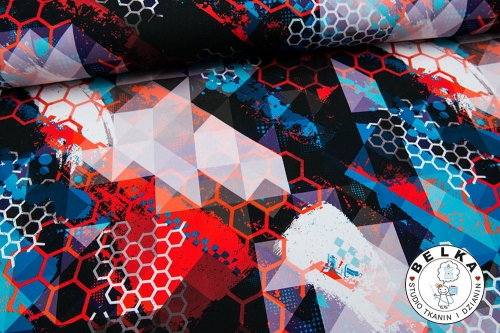 TKANINA SOFTSHELL GEOMETRIA BIAŁO NIEBIESKO CZERWO-7726